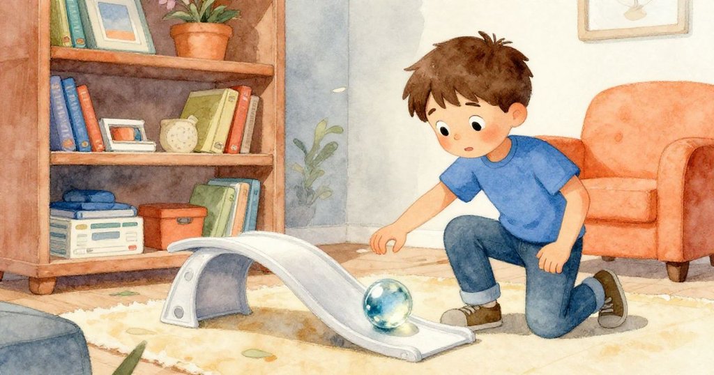 Max在溫暖客廳中彎著膝，從書架邊放下玻璃彈珠，角度傾斜展現動感與好奇表情。