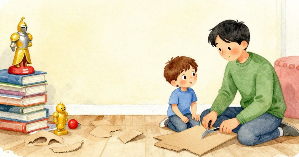 Max和成人分處場景中，書本堆與紙板碎片佔據空間，塑膠騎士靜觀其變，場面溫馨充滿期待。