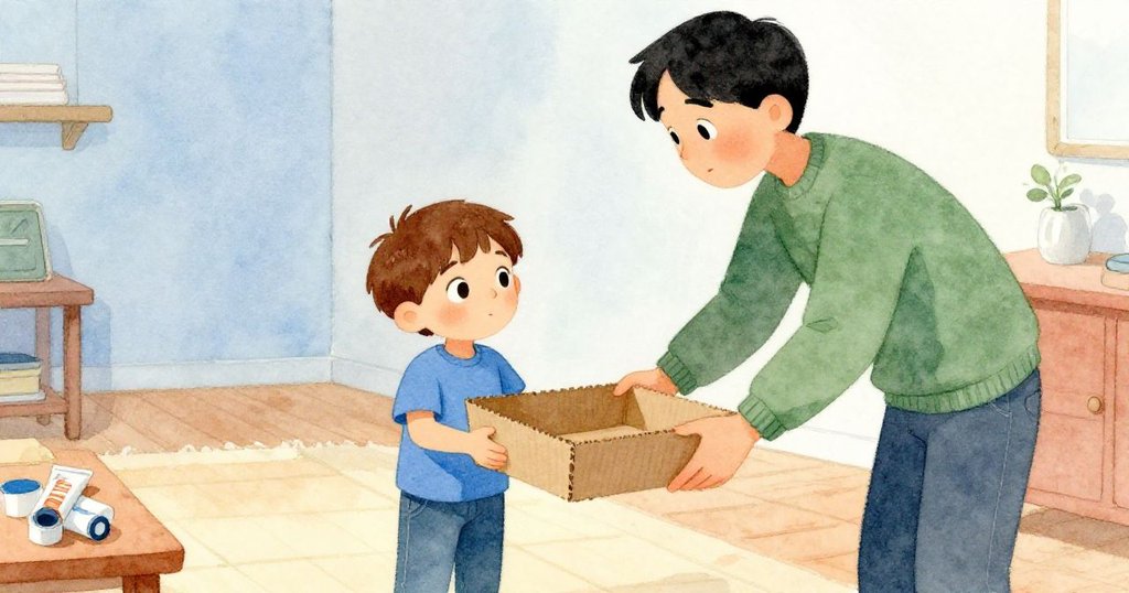 成人在新空間溫柔遞交紙板槽，Max用心接過並搭建接橋，背景書架與柔光呈現溫馨創作情景。