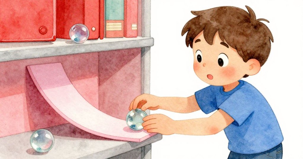 Max聚精會神手部細節展示，兩顆玻璃彈珠在架上相依準備釋放，神情充滿計劃與期待。