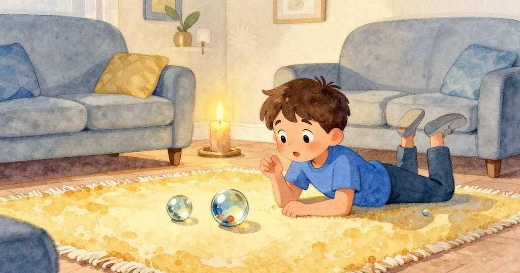 Max躺在溫暖地毯上放鬆注視雙彈珠連續撞擊落盆，背景燭光與沙發細節呈現創意實驗成功後的溫馨收尾。