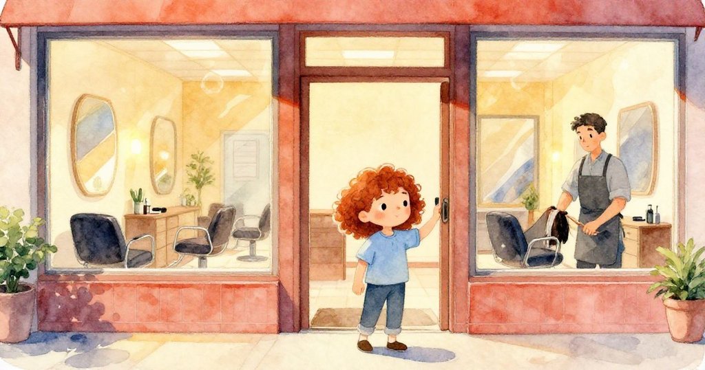 在暖光中，Hazel站在現代美髮店門前期待進入，Dean於窗內忙碌調整工具，建築外觀明亮現代，氛圍愉悅。