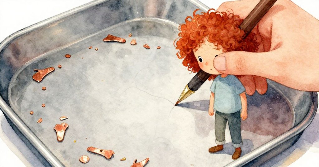 Hazel用手輕拭金屬托盤上銅屑，細緻追尋無塵印記，表情專注溫柔，金屬光澤與塵跡細節鮮明。