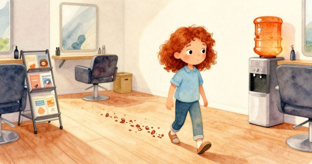 Hazel沿地板上銅屑小徑前行，經過擺滿雜誌的架子與散發琥珀光澤的飲水機，神情堅定緩步穿行。