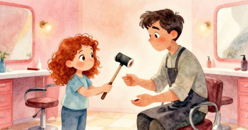 Hazel微笑伸手協助Dean交換尋獲木槌，兩人神情溫柔默契互助，背景呈現溫暖現代美髮店內細節。