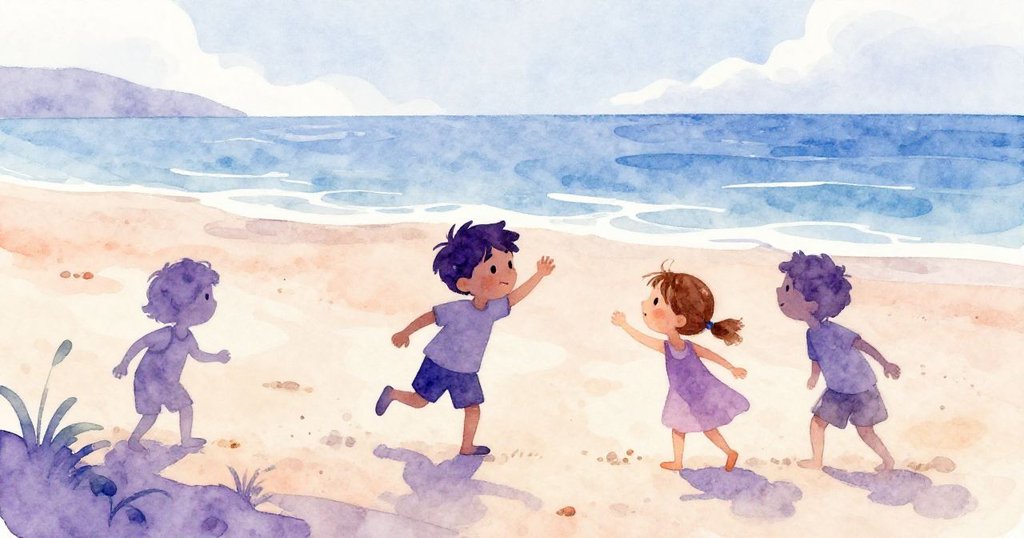 Faye將銀色木枝交給Owen,兩人站在沙灘上,陽光灑落,充滿期待與喜悅,開始創作沙畫。