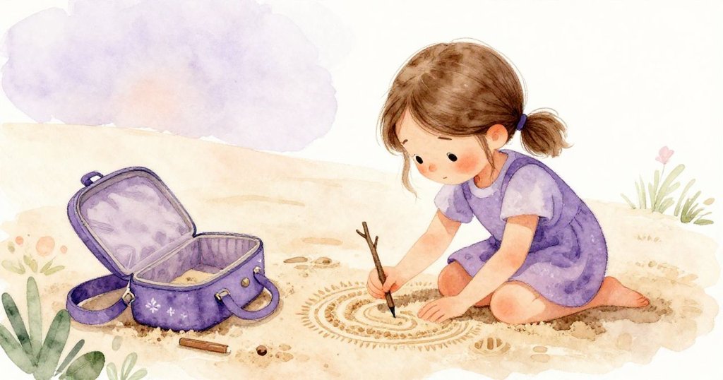 Faye專注地用細枝在沙上描繪小遊行,背景呈現柔和紫與暖桃光,展現創作細膩與情感發展。