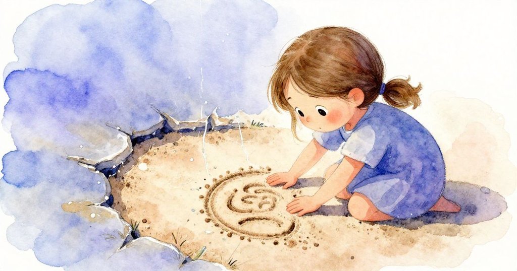 從高處俯瞰Faye緊按手掌阻擋沙畫裂縫中細流,畫面展現挑戰與情緒轉折,光影冷暖交錯。