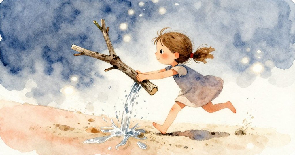 Faye急速奔向沙灘取較粗木枝,抵擋潮水改變沙畫線條,畫面充滿緊張與決心,冷暖光影交融。