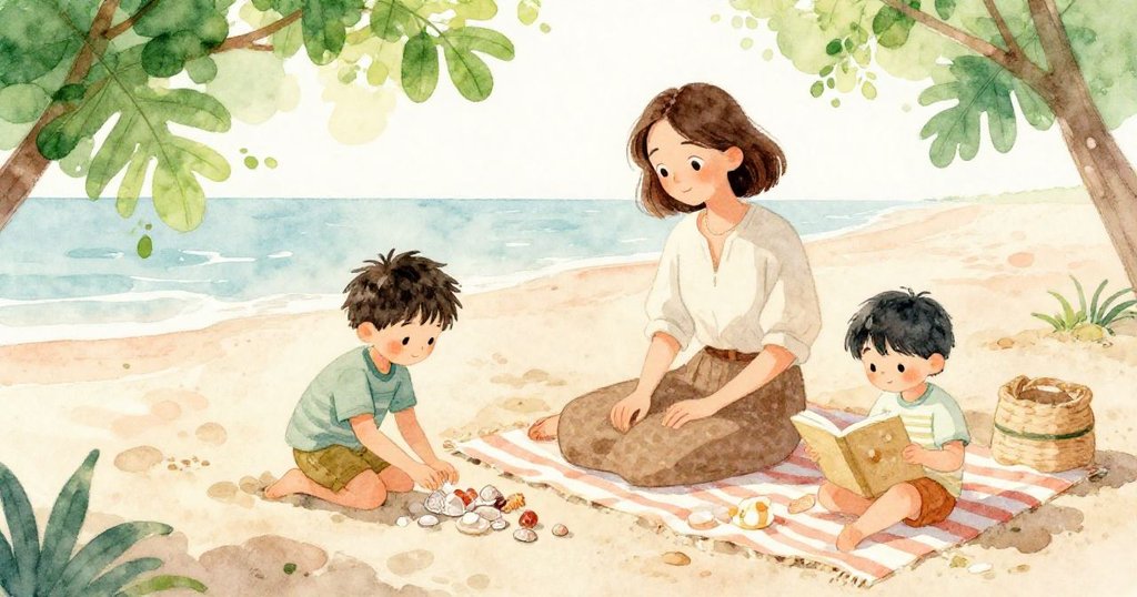 Hugo在沙上擺放貝殼,Mom坐在條紋毛毯上看書,家人共同享受沙灘創作與平和時光,洋溢快樂。