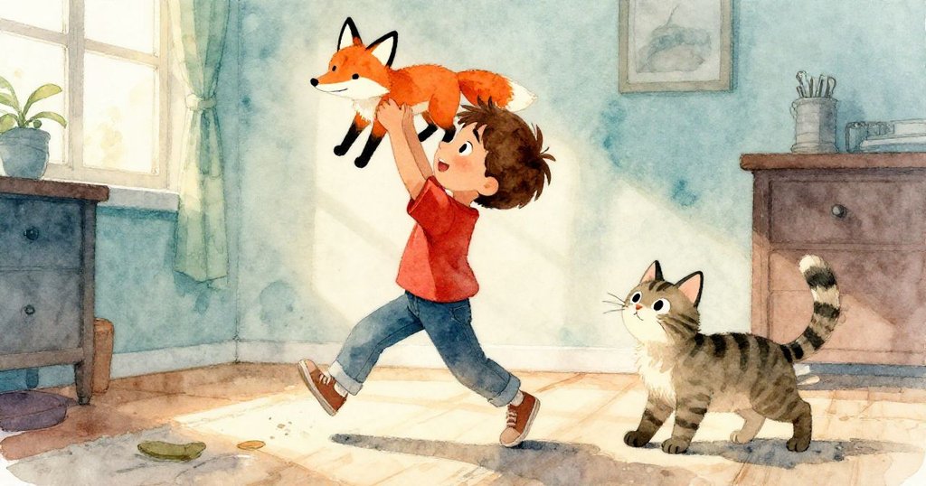 Dean在陽光下展示追逐戲,鞋子踏著光影,條紋貓亦調整步伐,地面細節豐富,充滿動感與活力。