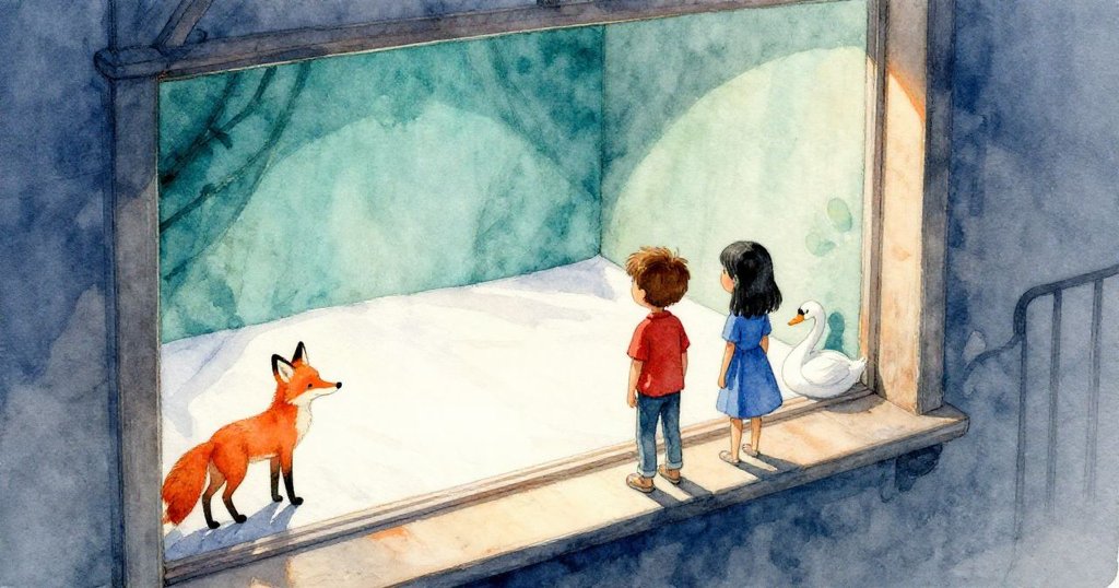 從高處俯瞰窗邊影舞台,白布上狐狸與天鵝剪影交錯,陽光灑下動態光影,場景層次豐富。