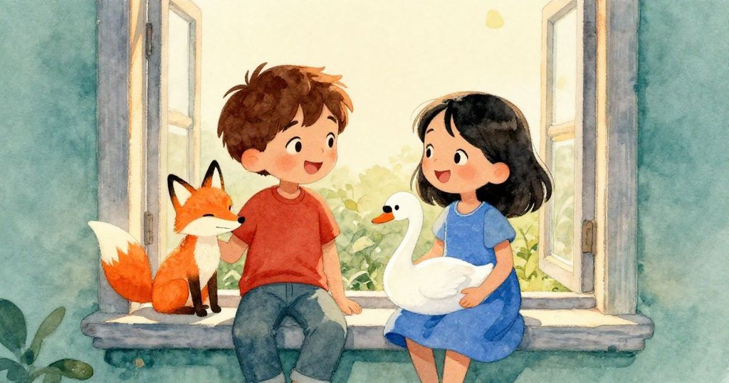 Dean與Yvette在窗台上互動,Dean拿著狐狸剪影,Yvette舉起天鵝,表情專注愉悅,動作協調展現創意合作。