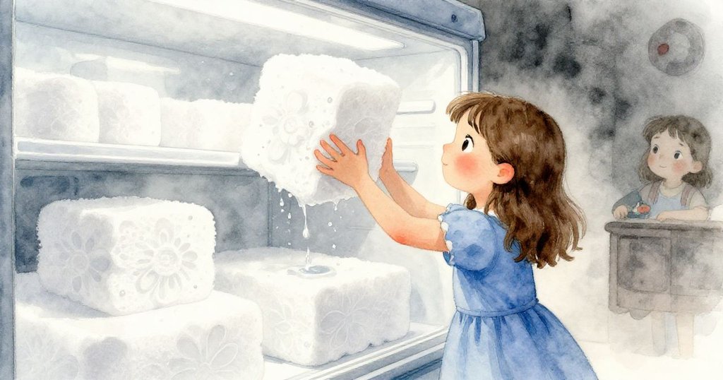 Viola在冰箱櫃前小心提取泡沫,冰冷氣流環繞她的手指,神秘角度和冷光營造出奇妙氛圍