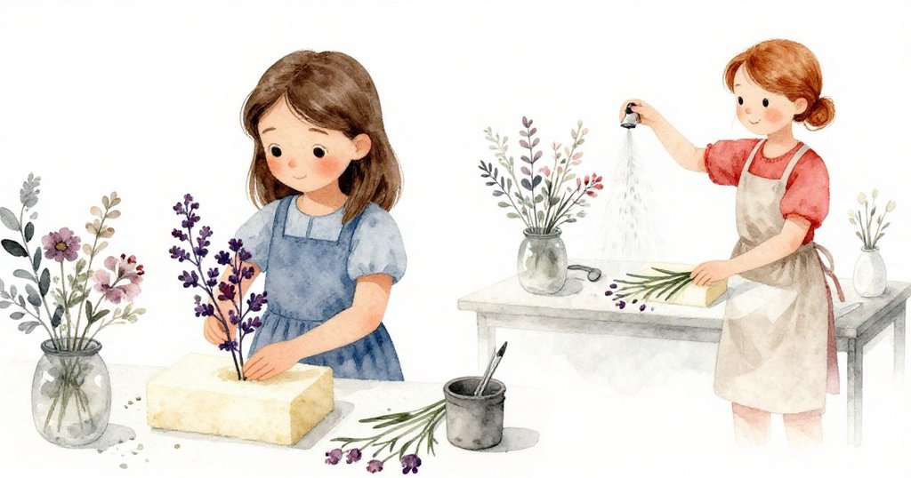 Viola和Bea專注製作花束,Viola插入深紫花枝,Bea噴灑水霧,溫涼交融中呈現希望與專注