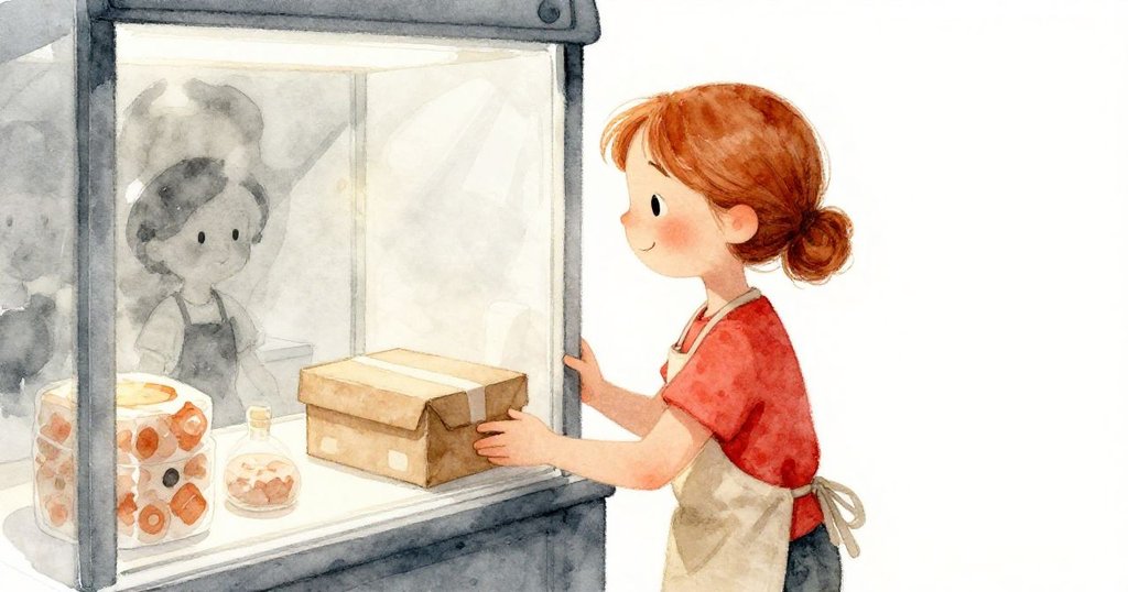 Bea在包裝台旁享受花香,透過半開冰箱的玻璃見到溫暖與涼意交織,神情沉思而溫柔