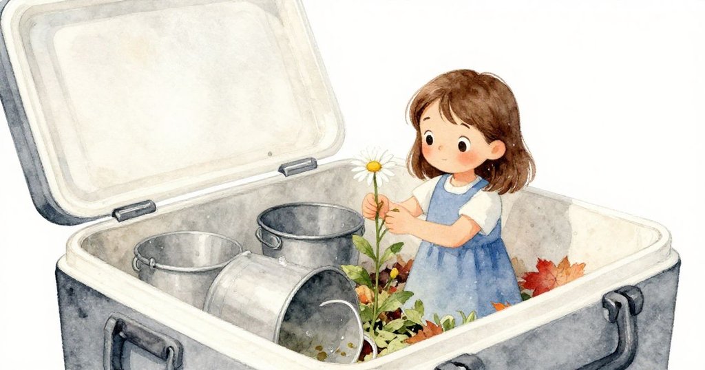 Viola在冰箱內調整枯萎雛菊,周圍桶與濕葉映出秋天的微妙變化,她神情中流露出關注