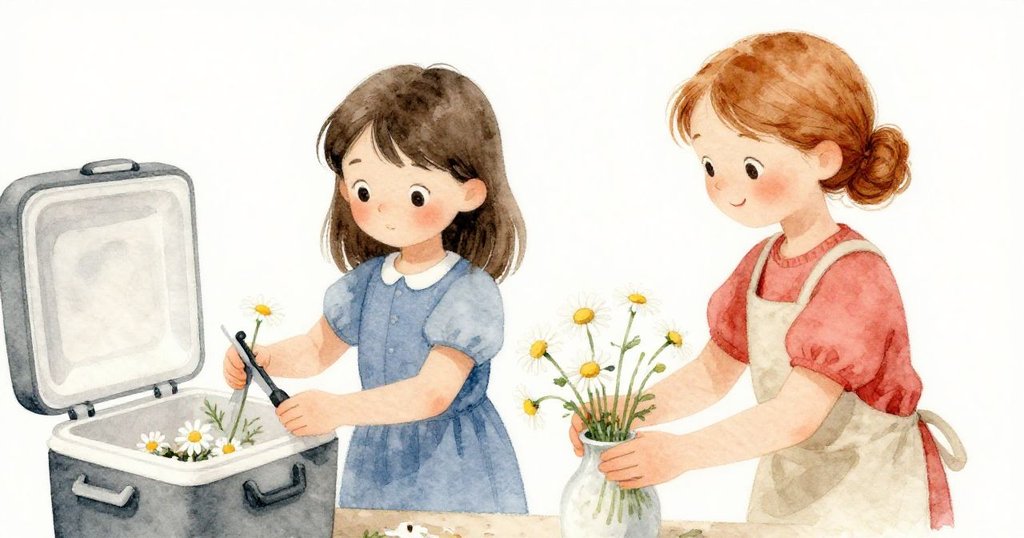 Viola推動Bea迅速將凋零雛菊送入冰箱,他們合作修剪與安置花枝,臉上充滿堅定與關懷