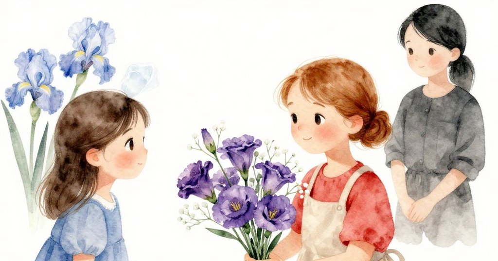 完成花束靜靜展現深紫花與細嫩小花,Viola、Bea欣賞著花藝,遠處Ilsa處理冰藍鳶尾,溫涼光影交織寓意深遠