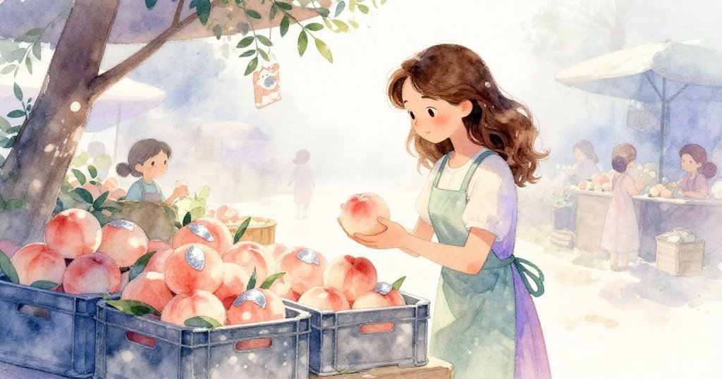 Flora 在晨霧中仔細檢查水蜜桃銀光，背景中鋼灰色貨櫃和擺放整齊的梨子，神情專注且溫暖。