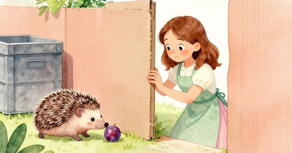 Flora 輕推紙板隔板引導針刺蝟靠近掉落李子，從縫隙中觀察到溫馨場景，神情溫柔專注。