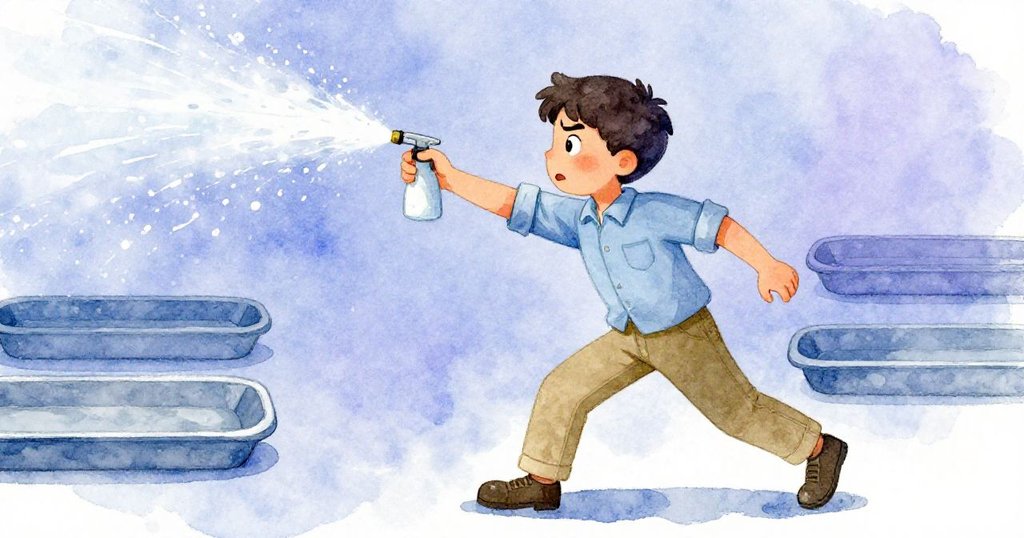 Hector 快速側步擋住潑水噴霧，背景藍灰托盤反射水珠，動作果斷神情堅定，氣氛緊張。