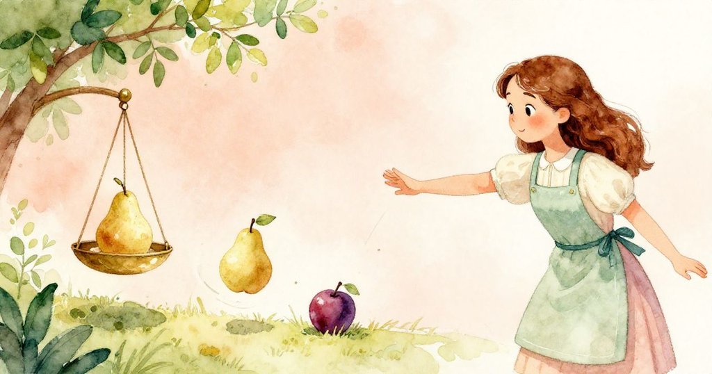 Flora 輕推隔板引發梨子撞擊李子滾向銅秤，連鎖反應動感十足，背景溫暖光影中充滿活力。