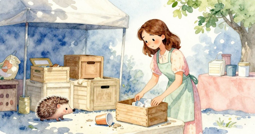 混亂過後，Flora 整頓櫃台，針刺蝟在陰影區好奇嗅聞，紙杯輕滾背景中顯示寧靜氛圍。