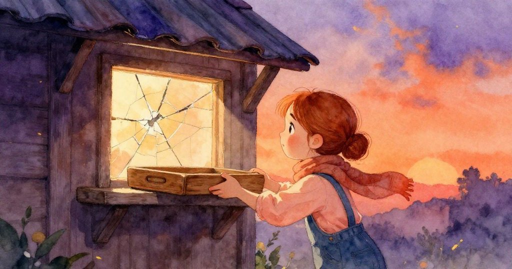 威拉在老舊棚屋中輕推木托盤，透過裂縫窗戶射入斜陽，場景富有戲劇光影，神情專注。