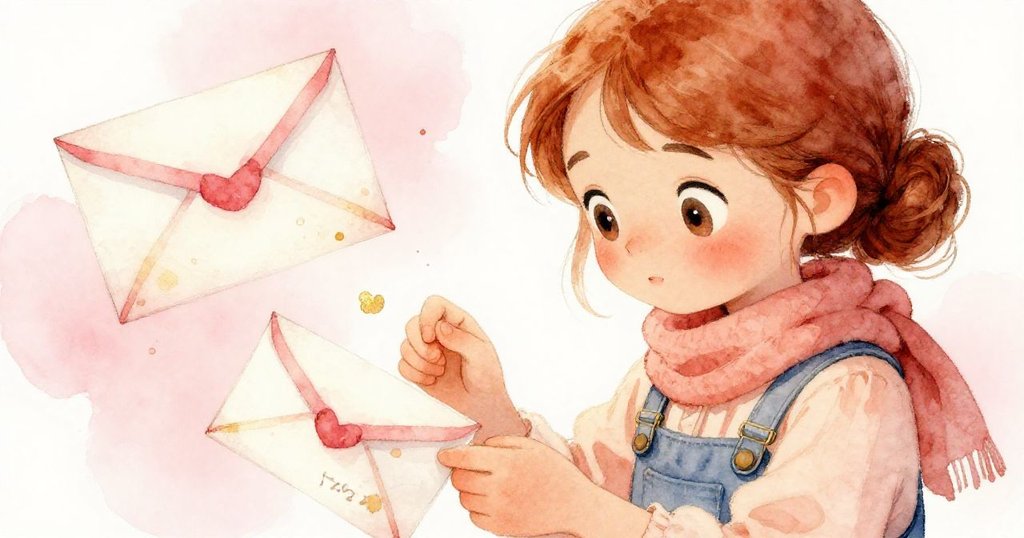 威拉近距離檢視兩個帶有模糊字跡的信封，表情充滿好奇和堅定，細膩光線襯托出溫暖氣氛。