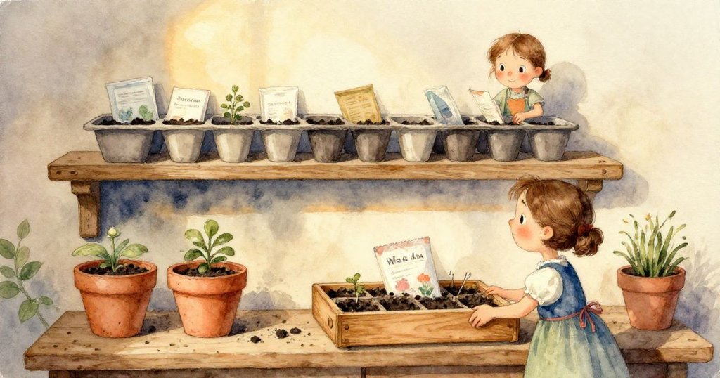 從低角度看見木架上撒落的種子，威拉輕柔伸手欲摘，種子閃爍著金光，細膩且生動。