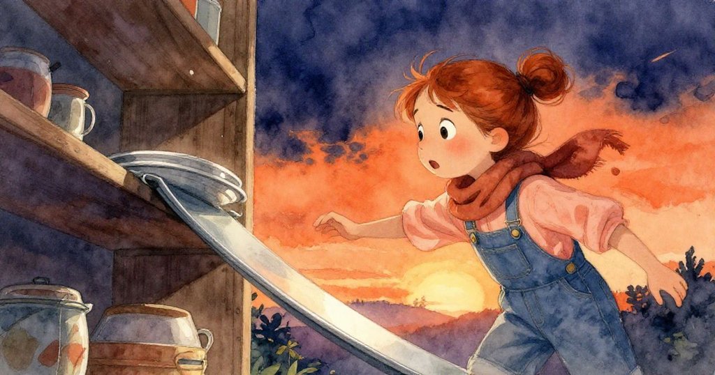 威拉在棚屋內驚慌後退，金屬盤沿木架邊緣滑動，腳步聲急促映襯出急切與動感，光影對比強烈。