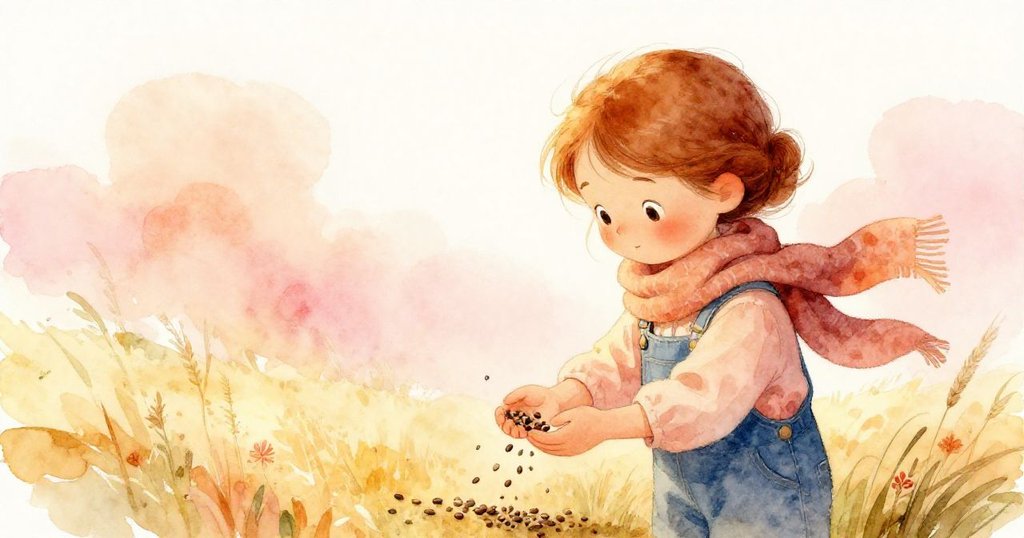 威拉輕柔用厚毛圍巾攏取散落種子，神情平靜滿足，溫暖金光與桃色輕拂木架，象徵實驗圓滿結束。