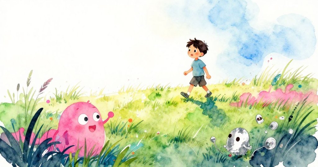 基特在陽光灑落的草地上走向小山丘，表情堅定，背景呈現溫暖與活力的自然風光，展開冒險。