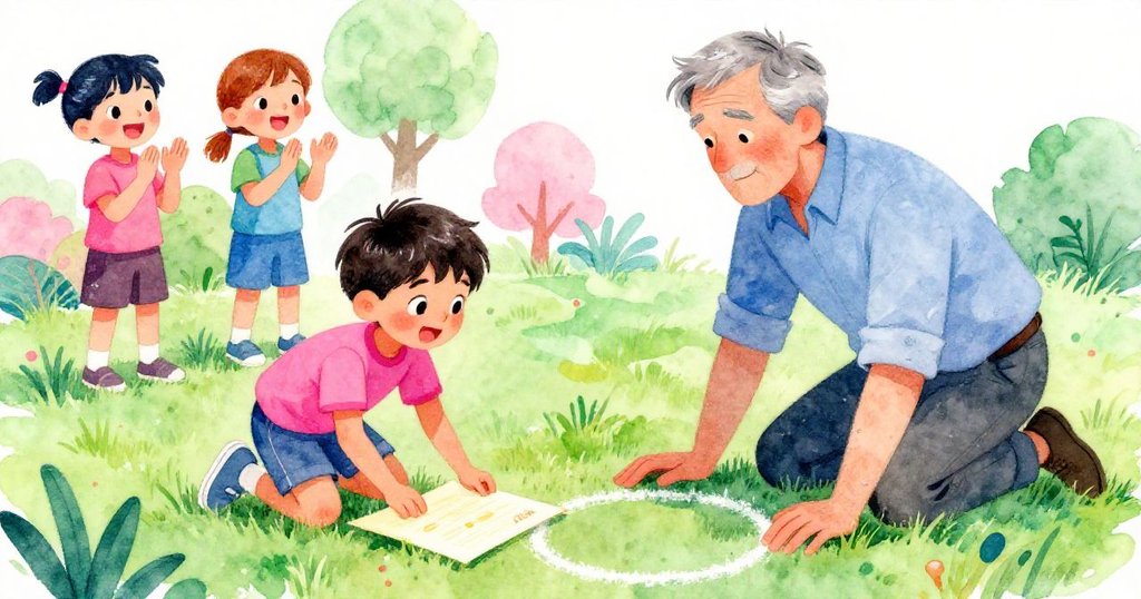 基特整理亮邊紙張，尼爾用粉筆畫圓，兩名小學生在後方歡呼，層次豐富呈現戶外創作互動。