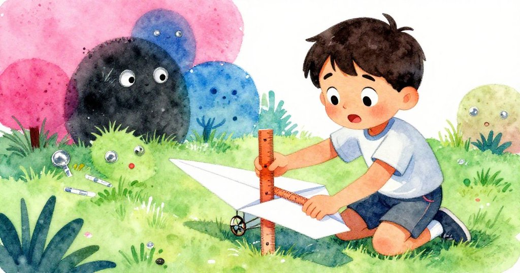 基特在粉筆塵飛揚的草地上俯身調整紙飛機，表情堅定且略帶挑戰，細節中展現銅色尺光芒與周遭暖光。