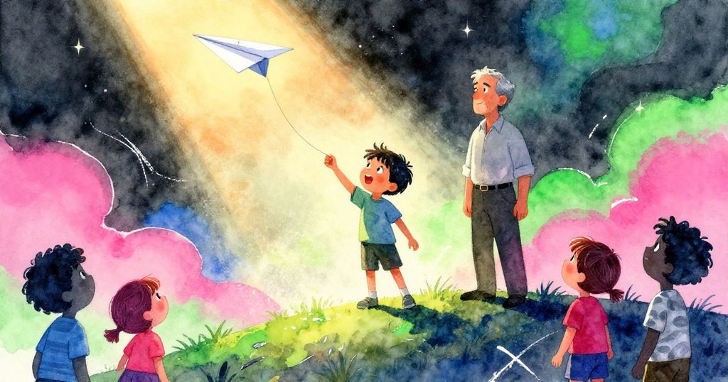 基特在山頂上自信發射紙飛機Bolt，尼爾與小學生讚賞鼓掌，粉筆塵隨陽光閃耀，呼應故事開篇轉變。