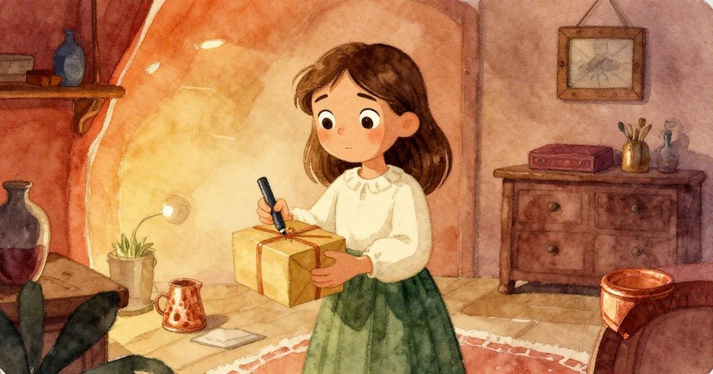 Vivian在室內簽收包裹，同時仔細查看包裝細節，臉上展現驚喜與好奇，溫馨家居場景洋溢溫暖感。