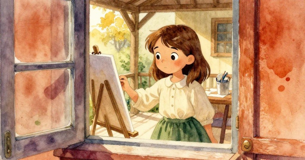 Vivian透過半敞窗戶望向寬敞門廊，凝視畫作，心中充滿期待與懷舊情懷，室內外和諧連結。