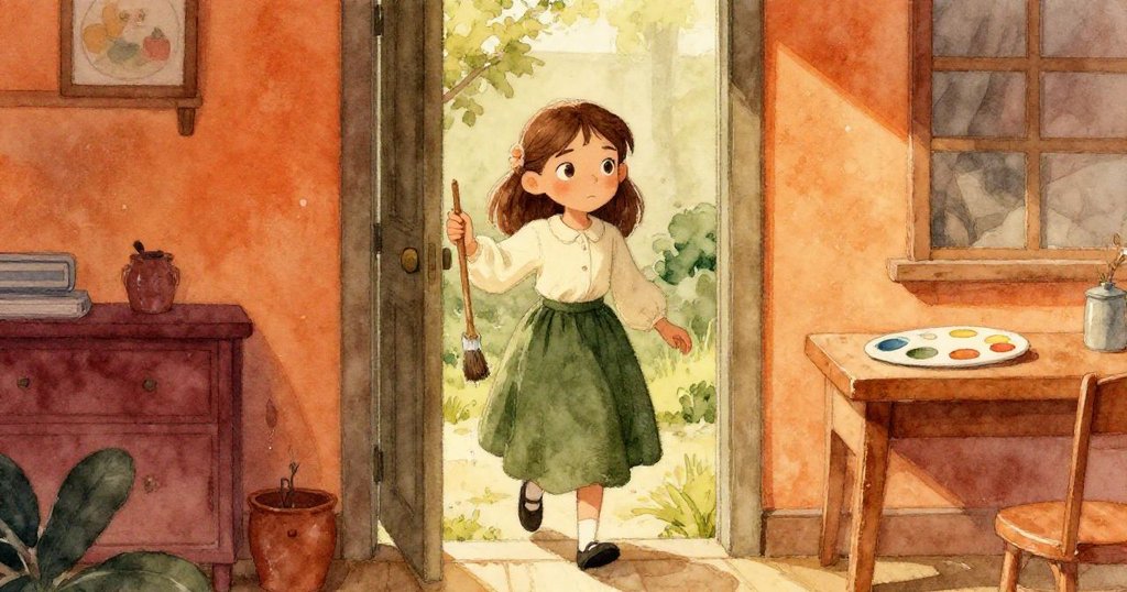 Vivian穿過門口過渡空間，手持濕潤畫筆，臉上專注神情展現室內外藝術連結，動態溫馨畫面。