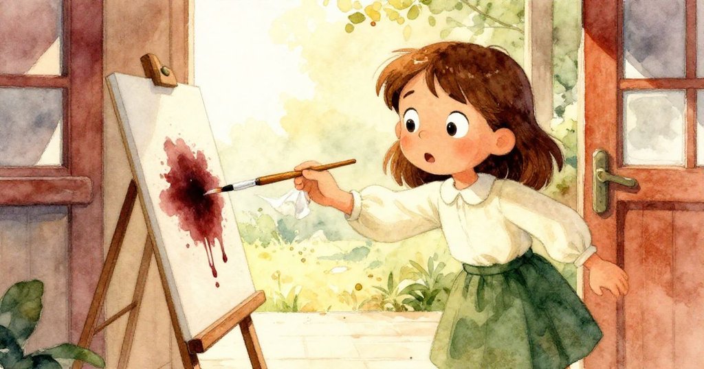 Vivian驚訝發現畫板下角新斑痕擴散，臉上流露擔憂與好奇，庭院光影對比鮮明，細節豐富。