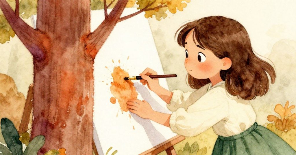 Vivian專注將斑痕轉化為樹幹與枝條，臉上展露自信神情，筆觸細膩，最終創造出溫暖神秘藝術效果。