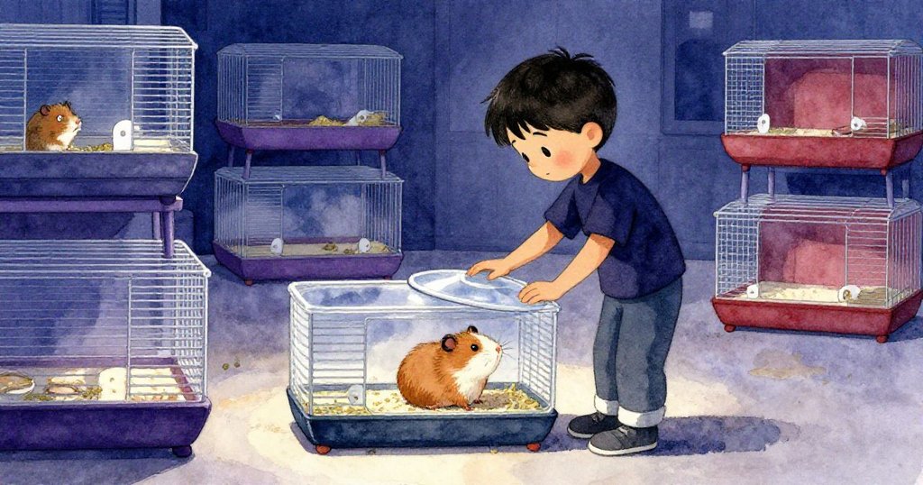 Briar用力按壓透明蓋板，寧靜室內背景與飼養籠排列，展現開始行動前的穩重與期待。