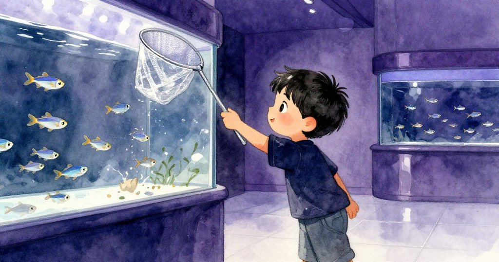 Briar在水族區練習使用細網捕魚，藍灰光線下，鮮豔小魚穿梭水中，展現動態與專注的瞬間。