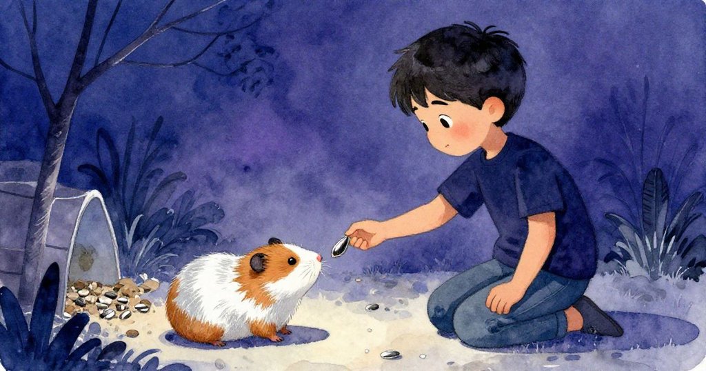 Briar溫柔地遞出向日葵籽，倉鼠安靜接受，四周散落柔和飼料碎屑，呈現結局溫馨而平和。