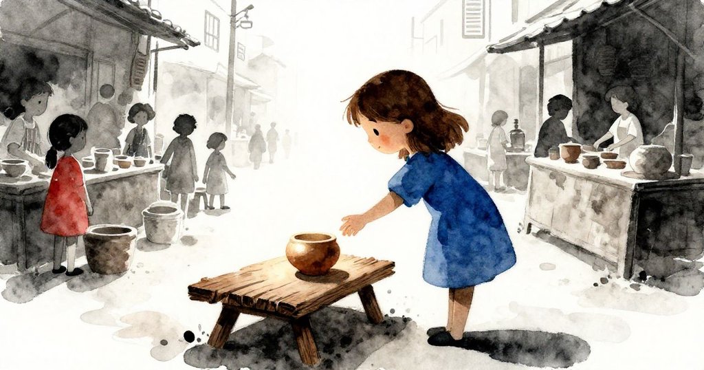 Vivian在清晨的陶藝攤位，以剪影形態伸手摸向發光的藍色陶碗，背景明亮且充滿城市氣息。