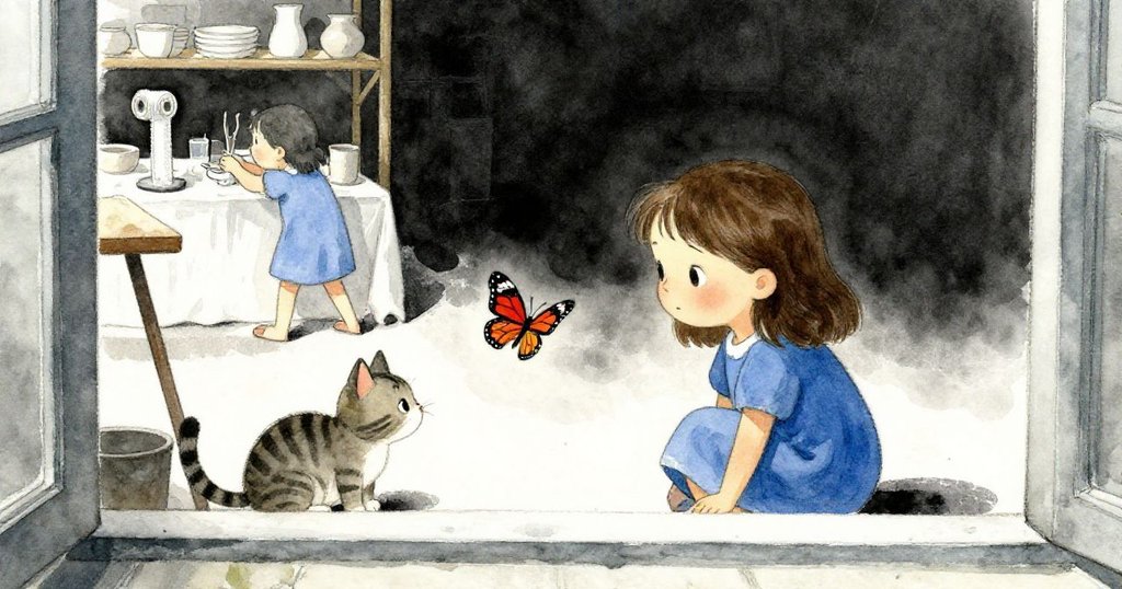透過窗框觀看，條紋貓蹲在桌下好奇凝視飛舞的蝴蝶，背景中Vivian正與氣泡捲奮鬥，展現都市生活細節。