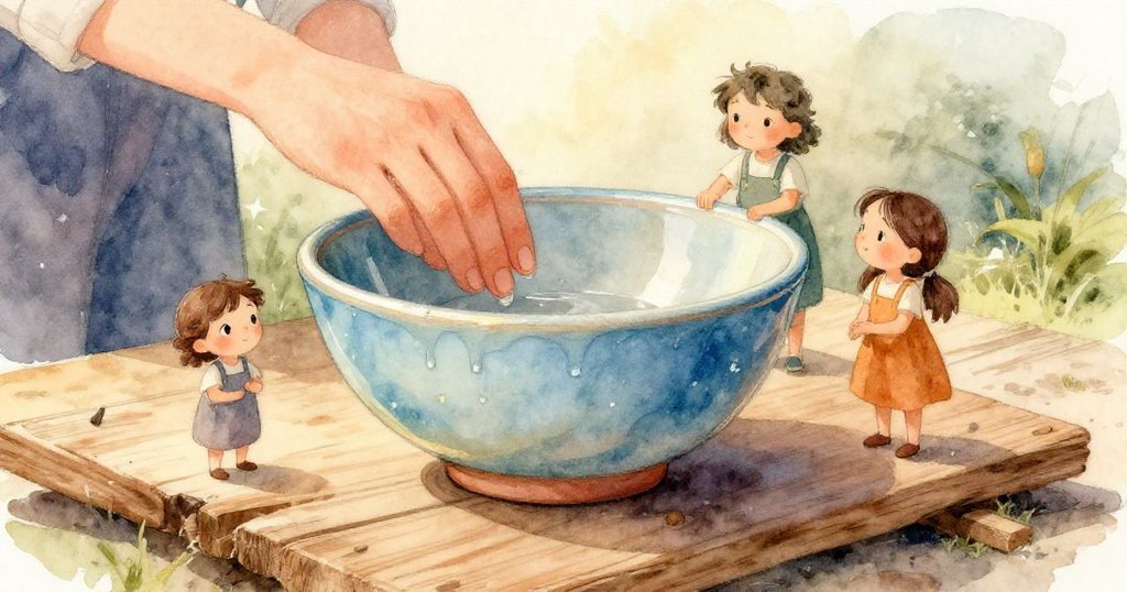 一個驚喜瞬間展現，陶碗變成小紅陶杯沿木板邊緣滾動，竹扇輕擊後下垂，條紋貓驚跳，蝴蝶隨即紛飛。