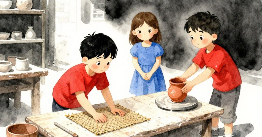 Blake在都市陶藝攤位中穩定地鋪上編織墊，Vivian專注握住滾動的陶杯，兩人共同創造解局新篇章。