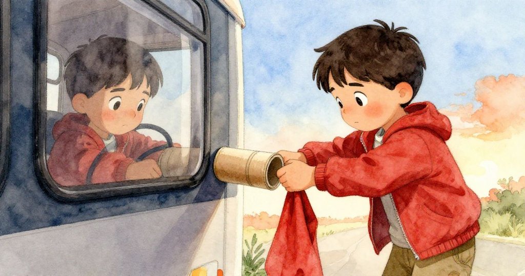 Dorian在巴士內調整夾住紙板管的夾克，透過窗戶反射出堅定面容，展現情節逐漸升溫。